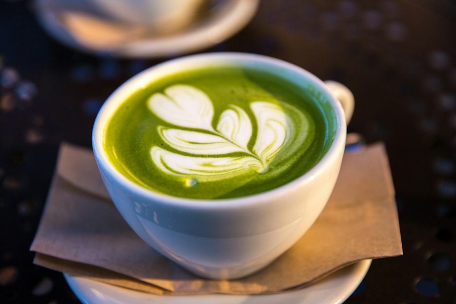 Matcha latte with leaf latte art